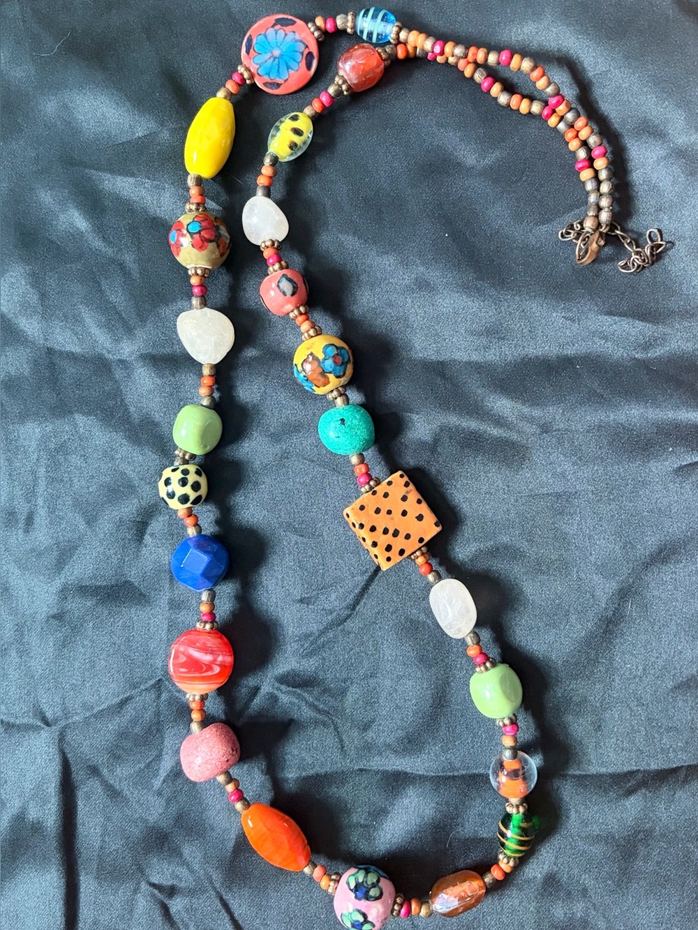 Vintage Art Glass Bead Necklace  Artisan Lampwork Bead Stone Pained Long Boho